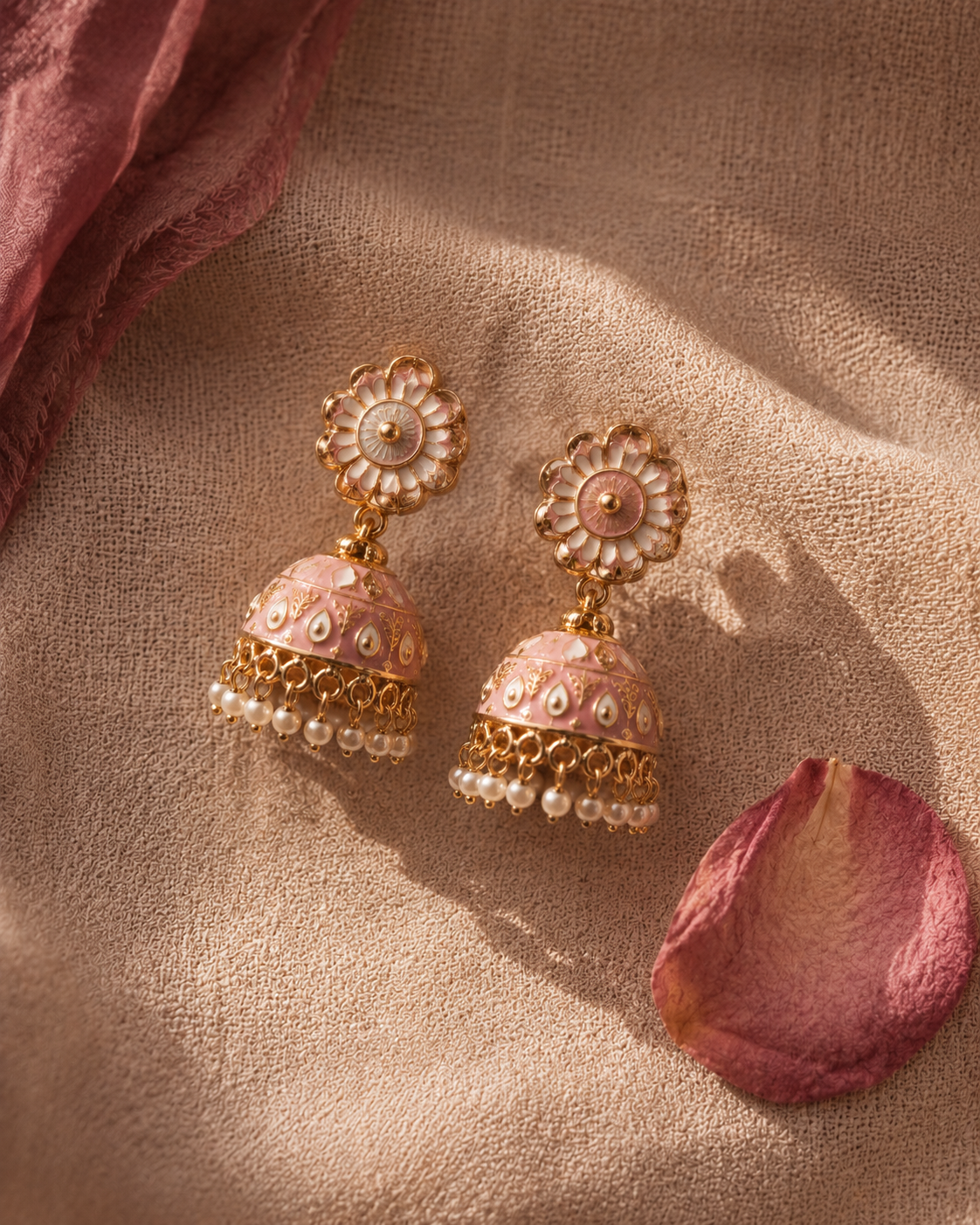 A pair of meenakari jhumkas styled on a soft cloth
