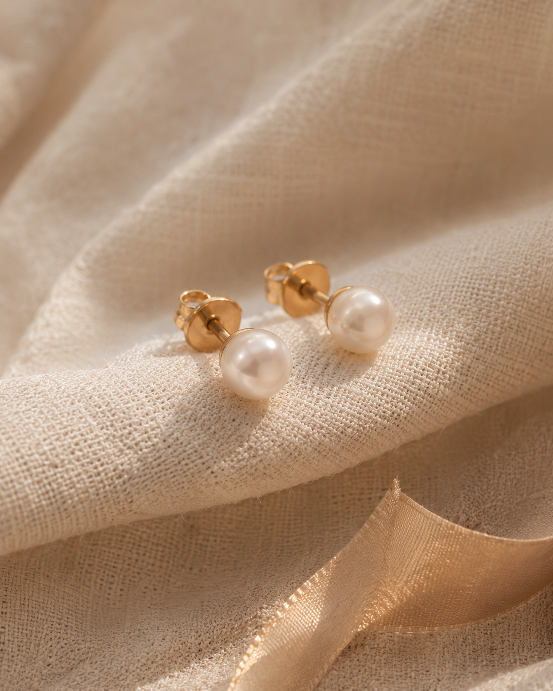 A pair of pearl studs photographed on soft linen